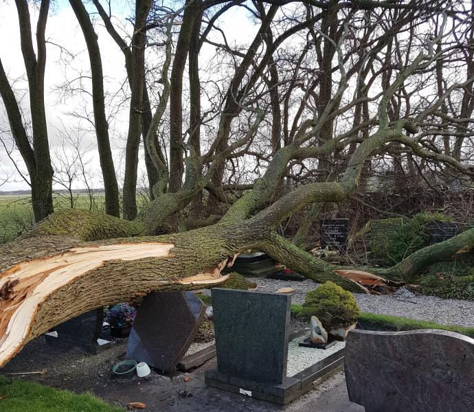 Storm beschadigd graven op begraafplaats Stroe