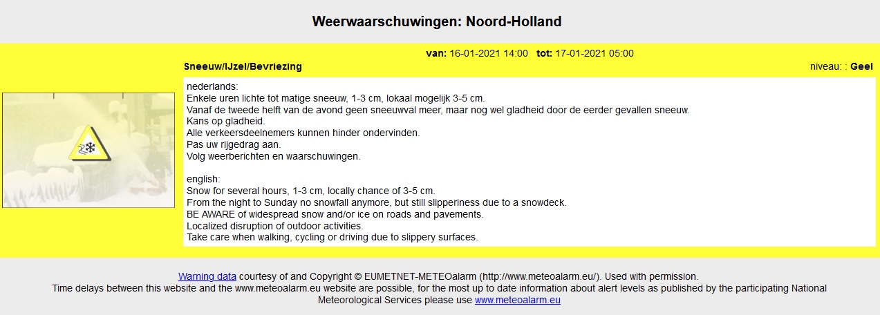 Code geel voor sneeuw en gladheid in Noord-Holland
