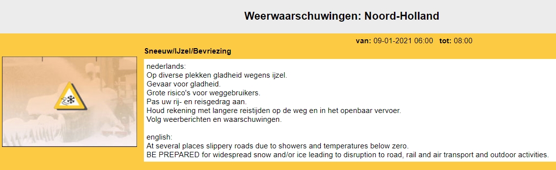 Code oranje voor sneeuw/ijzel en bevriezing natte weggedeelten Noord-Holland